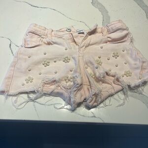 Trendy Light Pink Pearl Embellished Jean Shorts